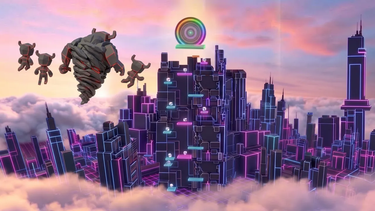 Bande-annonce de Super Neo : Netron et ses Neutronites au-dessus de la cité néon dans les nuages