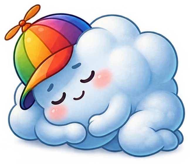 Cappy, le petit nuage à casquette arc-en-ciel, endormi